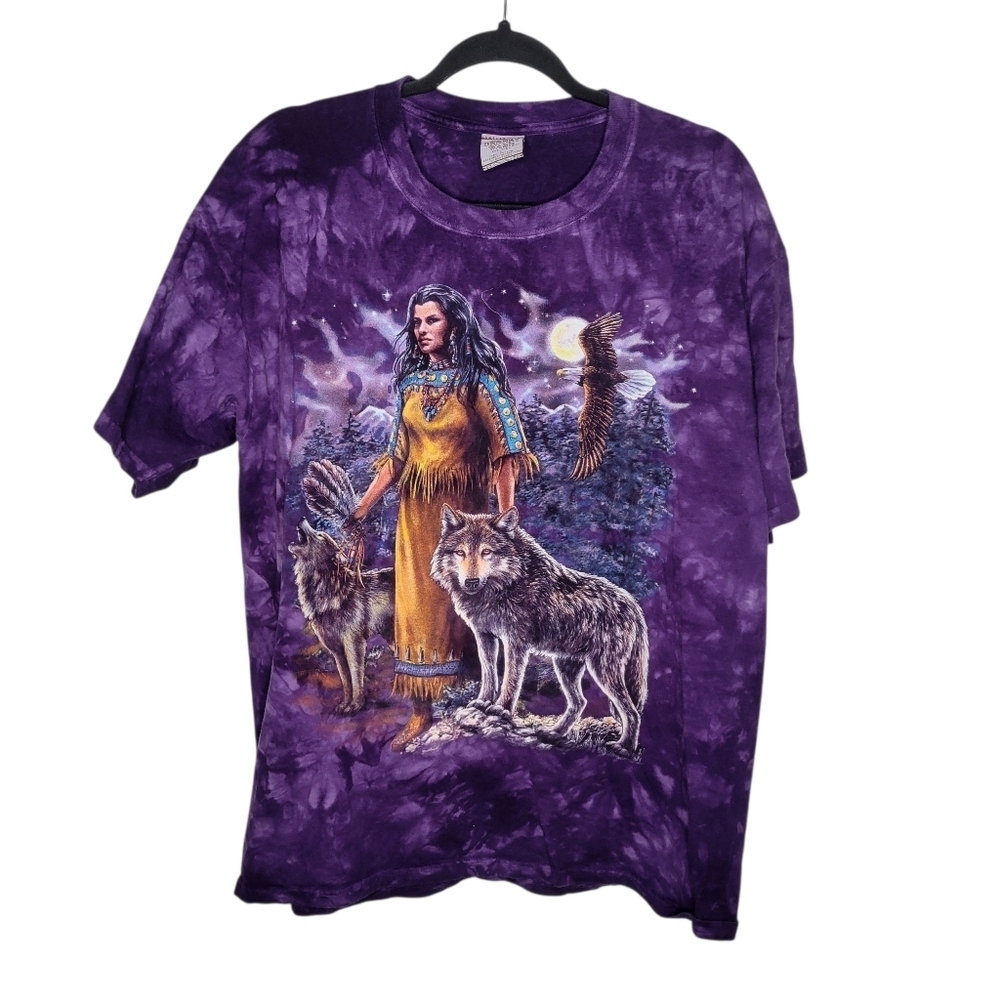 Vintage 90s Native American Wolf Eagle Tie Dye Graphic T-Shirt Size Large